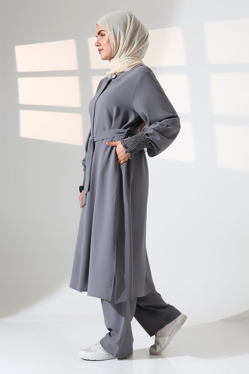 Women's Linen Hajj and Umrah Attire, Belted Hijab Two-Piece Set - Grey - ihvan