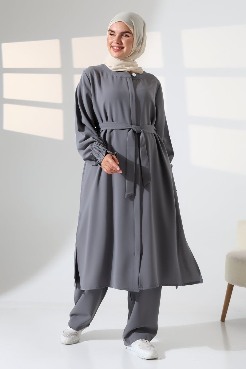 Women's Linen Hajj and Umrah Attire, Belted Hijab Two-Piece Set - Grey - ihvan