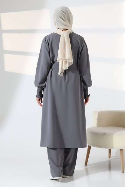 Women's Linen Hajj and Umrah Attire, Belted Hijab Two-Piece Set - Grey - ihvan