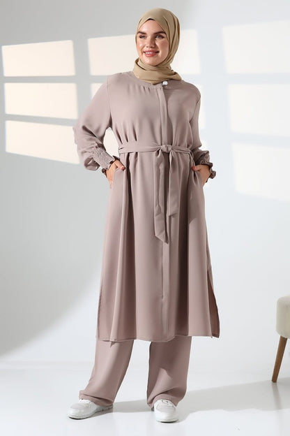 Women's Linen Hajj and Umrah Attire, Belted Hijab Two-Piece Set - Mink - ihvan