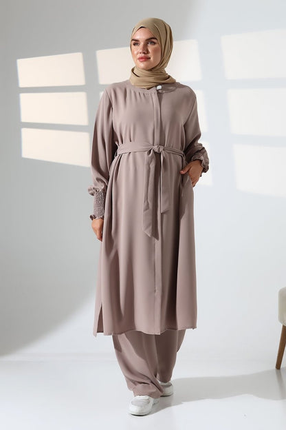 Women's Linen Hajj and Umrah Attire, Belted Hijab Two-Piece Set - Mink - ihvan
