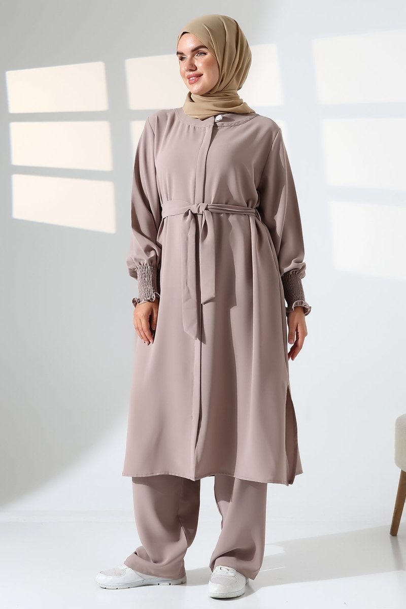 Women's Linen Hajj and Umrah Attire, Belted Hijab Two-Piece Set - Mink - ihvan