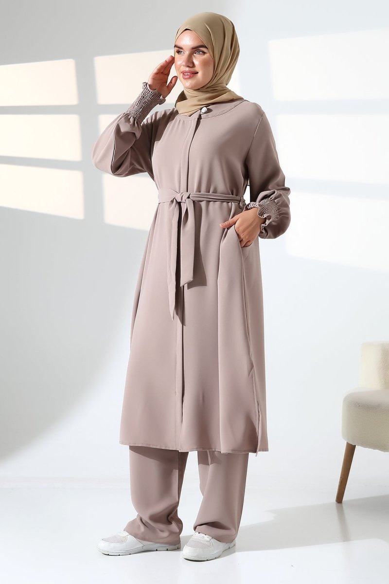 Women's Linen Hajj and Umrah Attire, Belted Hijab Two-Piece Set - Mink - ihvan