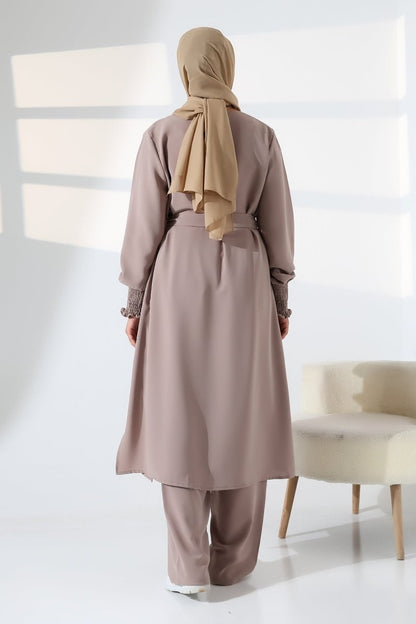 Women's Linen Hajj and Umrah Attire, Belted Hijab Two-Piece Set - Mink - ihvan