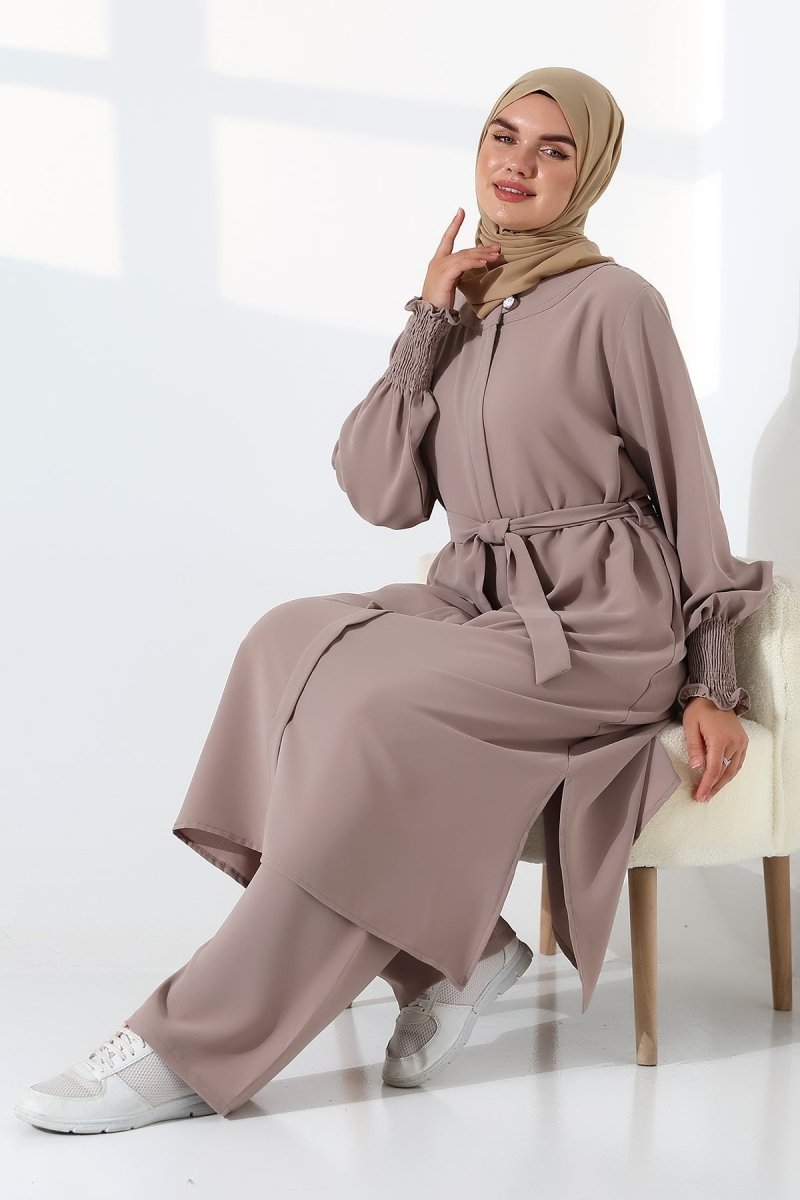 Women's Linen Hajj and Umrah Attire, Belted Hijab Two-Piece Set - Mink - ihvan