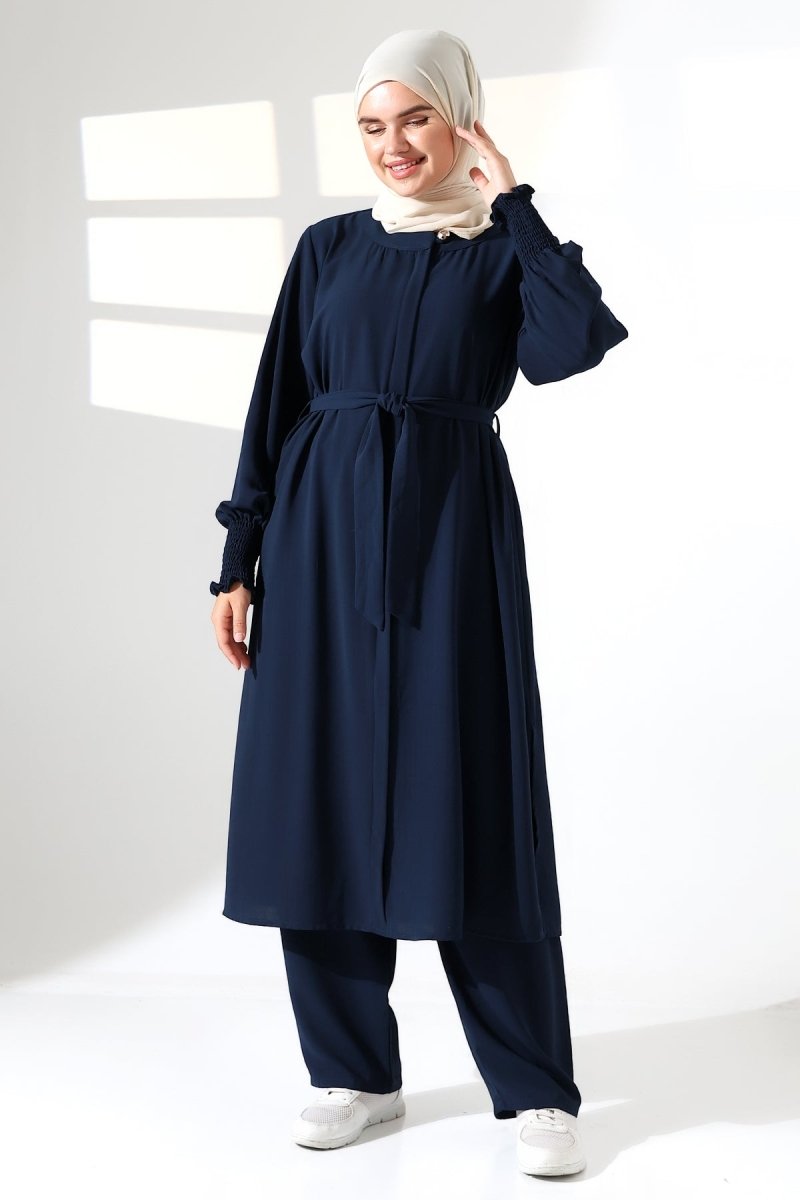 Women's Linen Hajj and Umrah Attire, Two-Piece Set with Belt - Navy Blue - ihvan