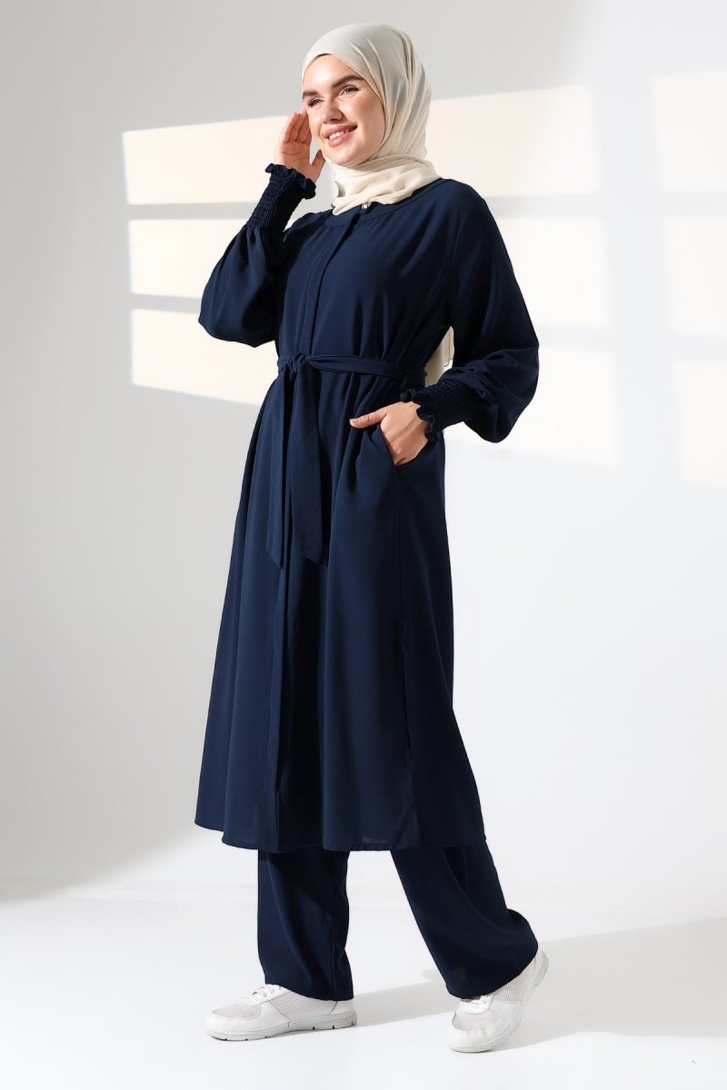 Women's Linen Hajj and Umrah Attire, Two-Piece Set with Belt - Navy Blue - ihvan