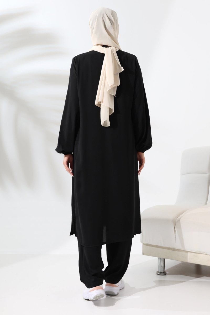 Women's Medina Silk Hajj and Umrah Hijab Two-Piece Set - Black - ihvan