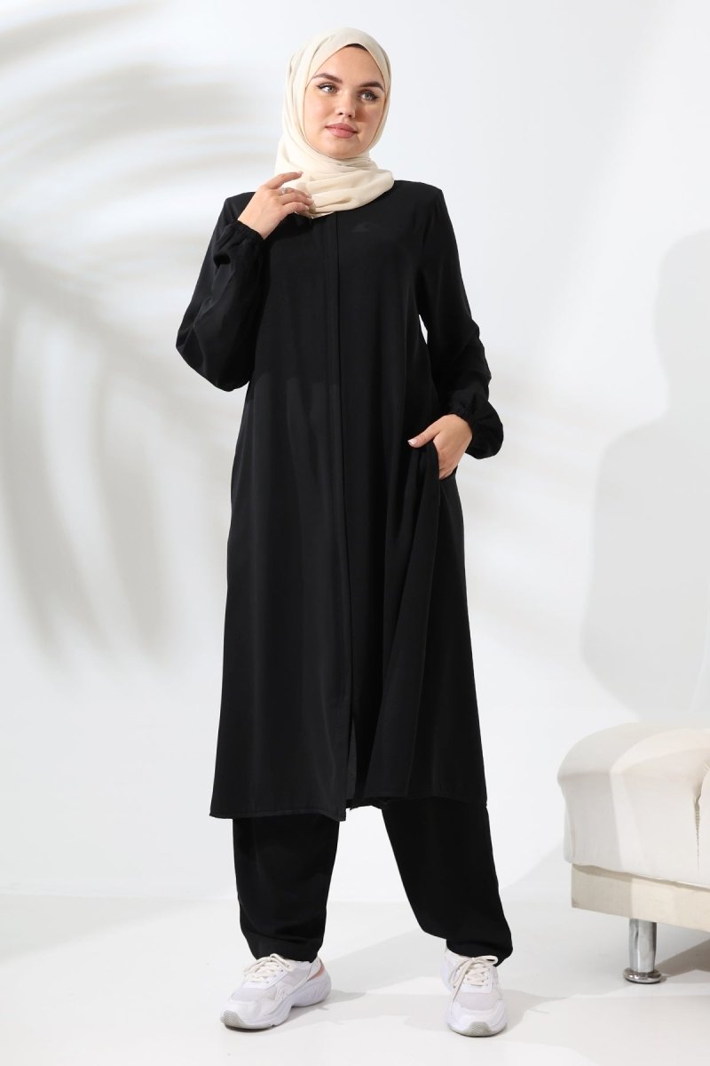 Women's Medina Silk Hajj and Umrah Hijab Two-Piece Set - Black - ihvan