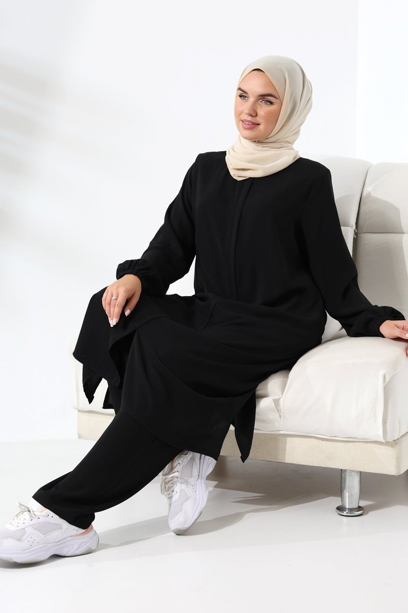 Women's Medina Silk Hajj and Umrah Hijab Two-Piece Set - Black - ihvan