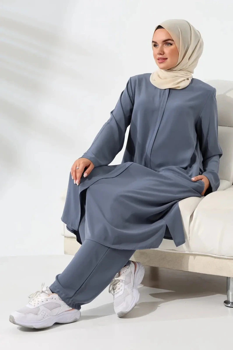 Women's Medina Silk Hajj and Umrah Hijab Two-Piece Set - Grey - ihvan