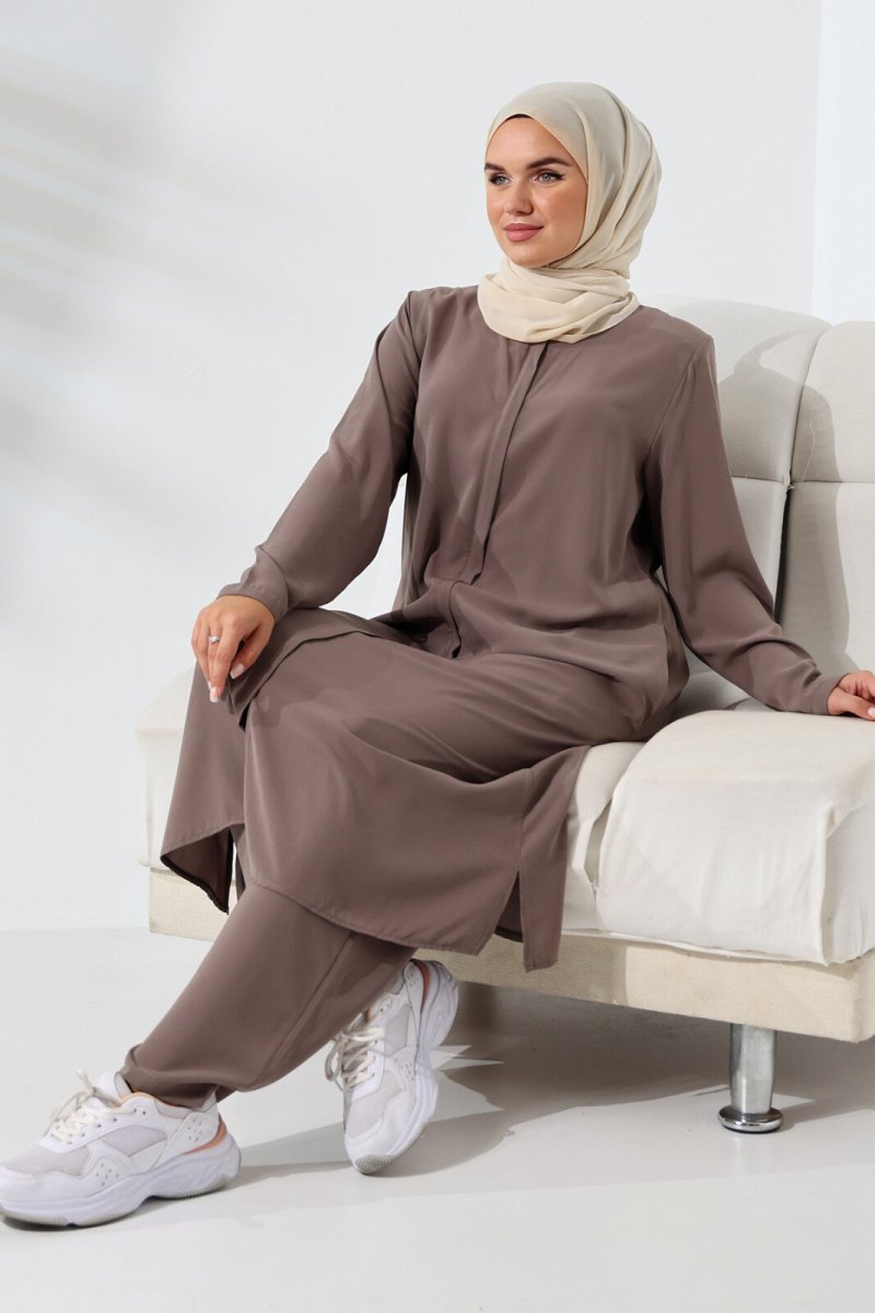 Women's Medina Silk Hajj and Umrah Hijab Two-Piece Set - Milky Coffee - ihvan