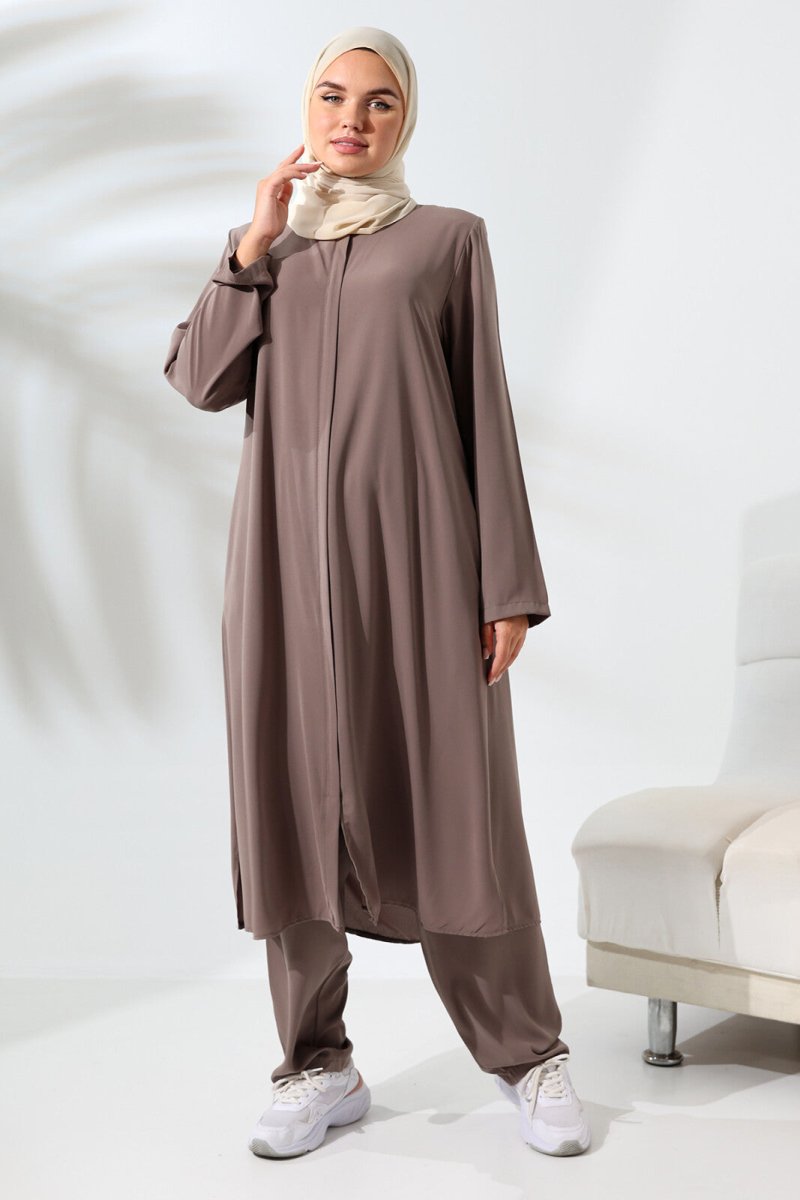 Women's Medina Silk Hajj and Umrah Hijab Two-Piece Set - Milky Coffee - ihvan