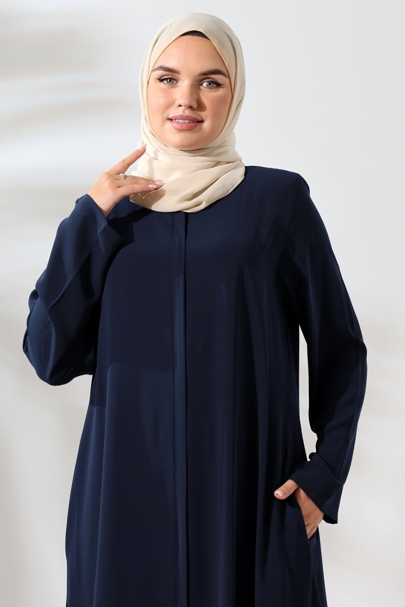 Women's Medina Silk Hajj and Umrah Hijab Two-Piece Set - Navy Blue - ihvan