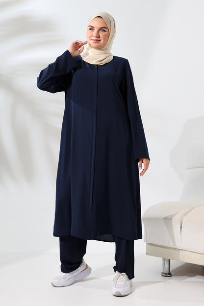 Women's Medina Silk Hajj and Umrah Hijab Two-Piece Set - Navy Blue - ihvan