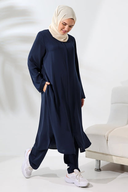 Women's Medina Silk Hajj and Umrah Hijab Two-Piece Set - Navy Blue - ihvan
