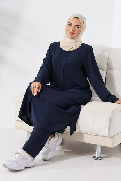 Women's Medina Silk Hajj and Umrah Hijab Two-Piece Set - Navy Blue - ihvan