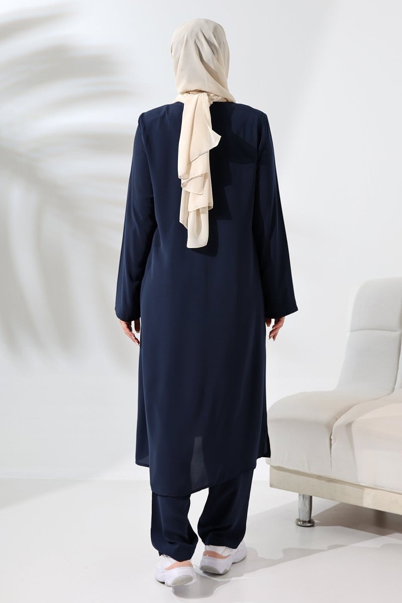 Women's Medina Silk Hajj and Umrah Hijab Two-Piece Set - Navy Blue - ihvan