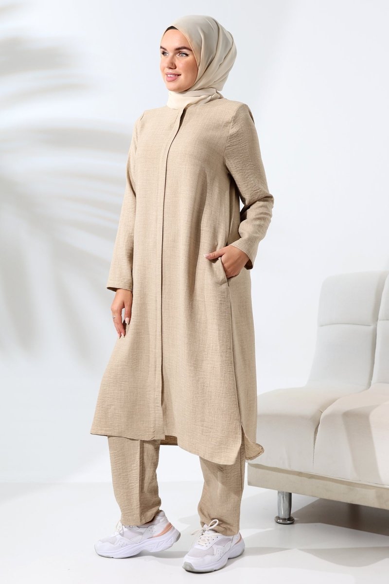 Women's Mink Melange Linen Look Hidden Zipper Hajj and Umrah Hijab Two-Piece Set - ihvan