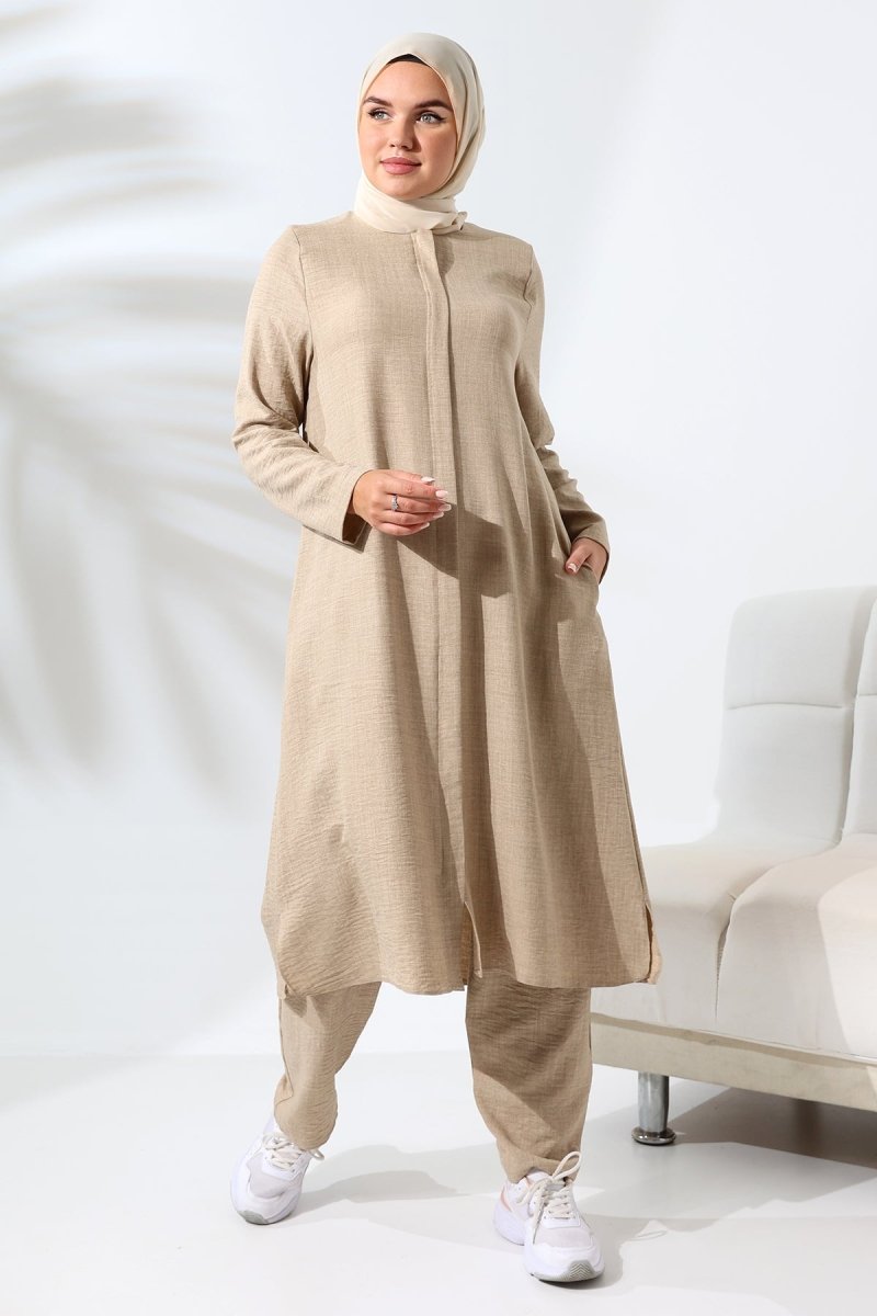 Women's Mink Melange Linen Look Hidden Zipper Hajj and Umrah Hijab Two-Piece Set - ihvan
