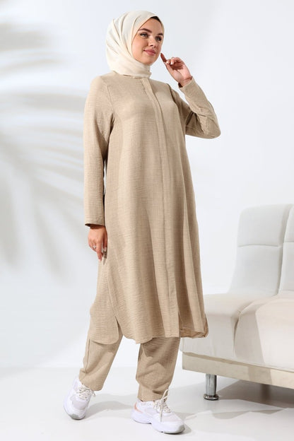 Women's Mink Melange Linen Look Hidden Zipper Hajj and Umrah Hijab Two-Piece Set - ihvan