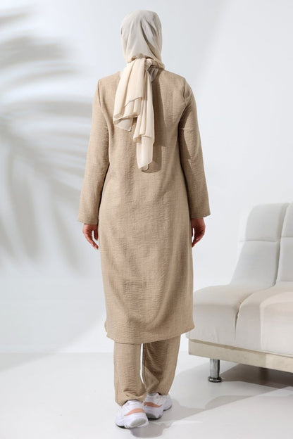 Women's Mink Melange Linen Look Hidden Zipper Hajj and Umrah Hijab Two-Piece Set - ihvan