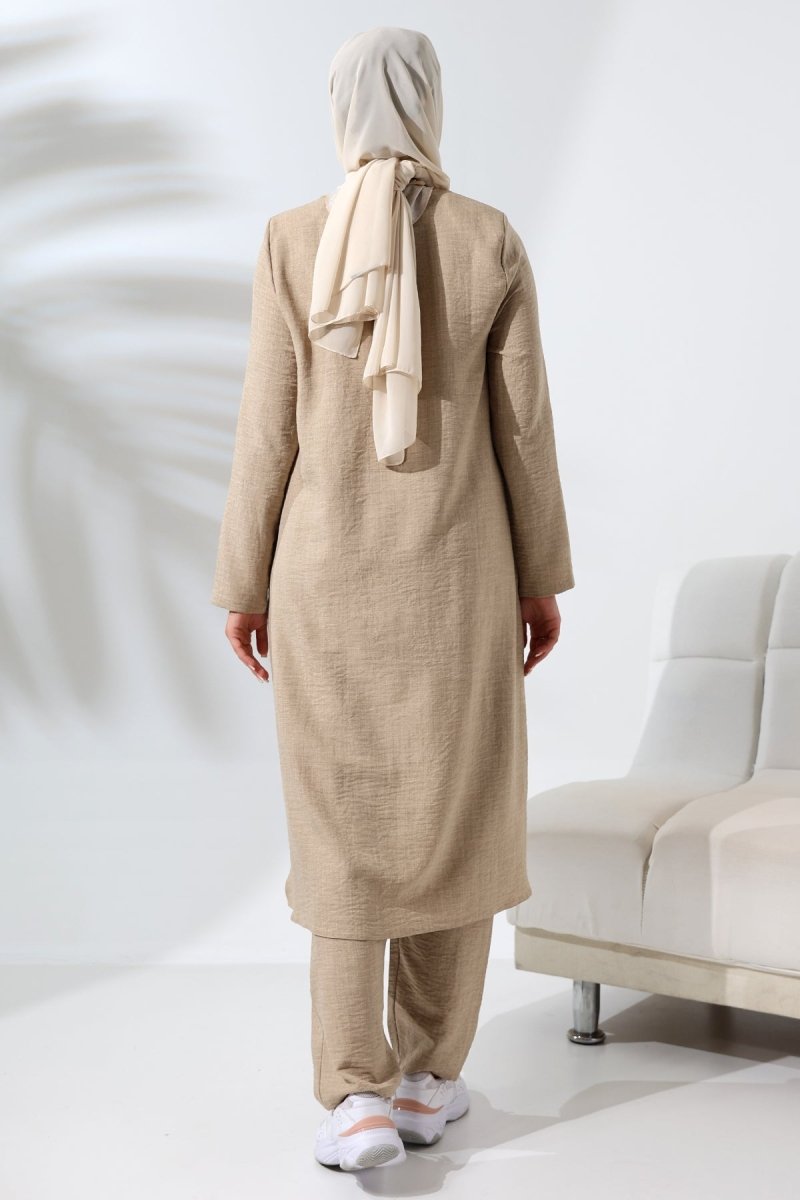 Women's Mink Melange Linen Look Hidden Zipper Hajj and Umrah Hijab Two-Piece Set - ihvan