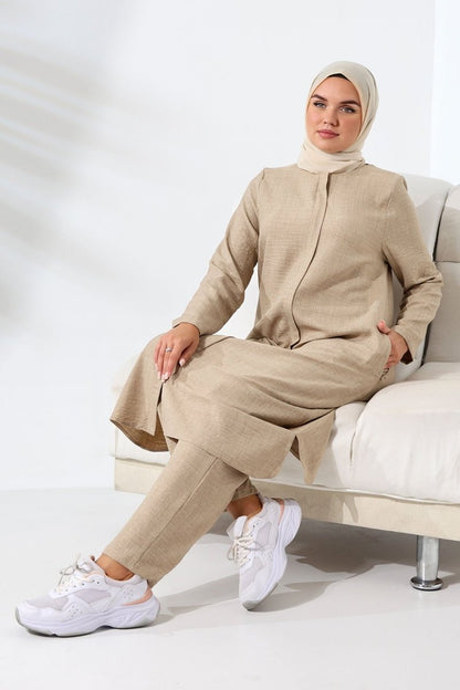 Women's Mink Melange Linen Look Hidden Zipper Hajj and Umrah Hijab Two-Piece Set - ihvan