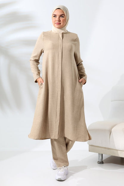 Women's Mink Melange Linen Look Hidden Zipper Hajj and Umrah Hijab Two-Piece Set - ihvan