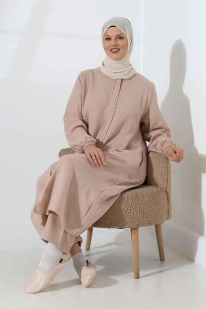 Women's Muslin Zip-Up Hijab Two-Piece Set Cotton Hajj and Umrah Outfit Beige (VSN) - ihvan