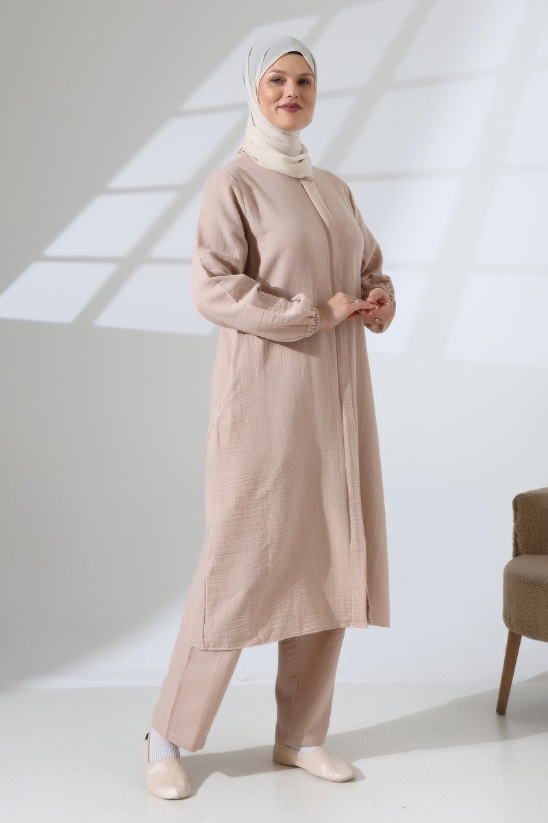 Women's Muslin Zip-Up Hijab Two-Piece Set Cotton Hajj and Umrah Outfit Beige (VSN) - ihvan