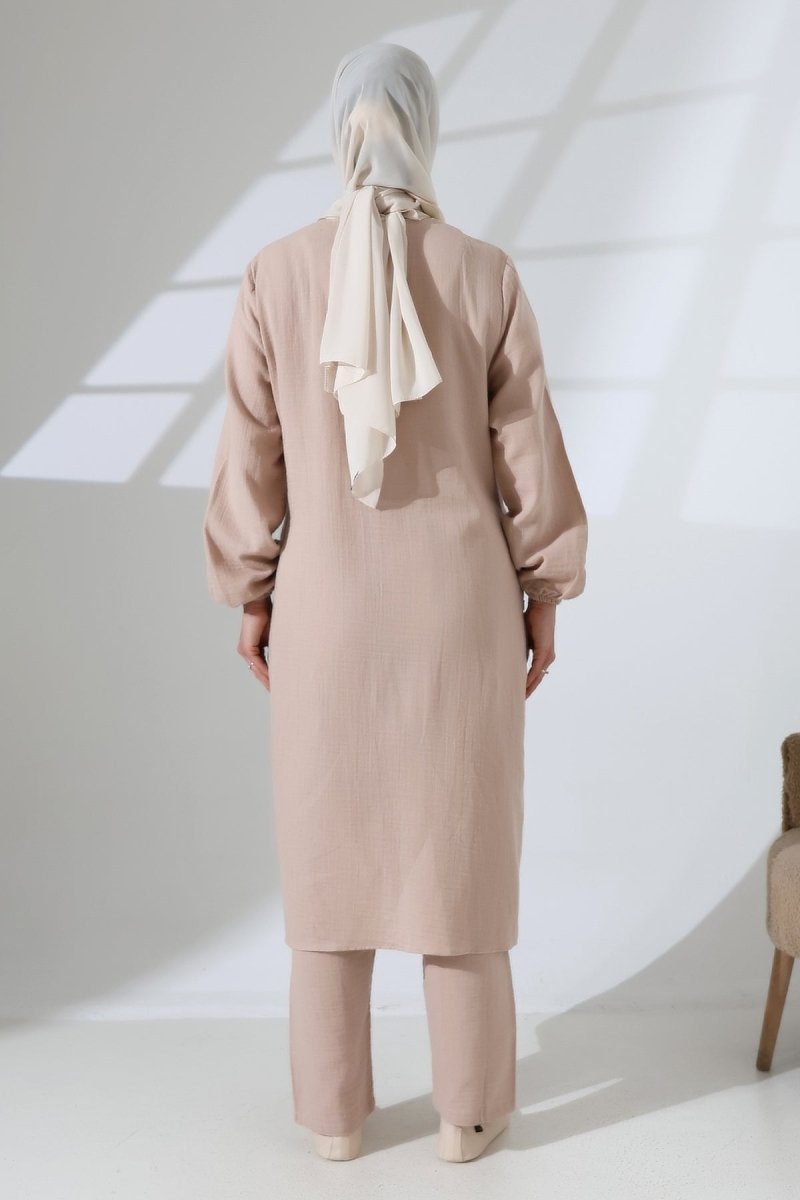 Women's Muslin Zip-Up Hijab Two-Piece Set Cotton Hajj and Umrah Outfit Beige (VSN) - ihvan