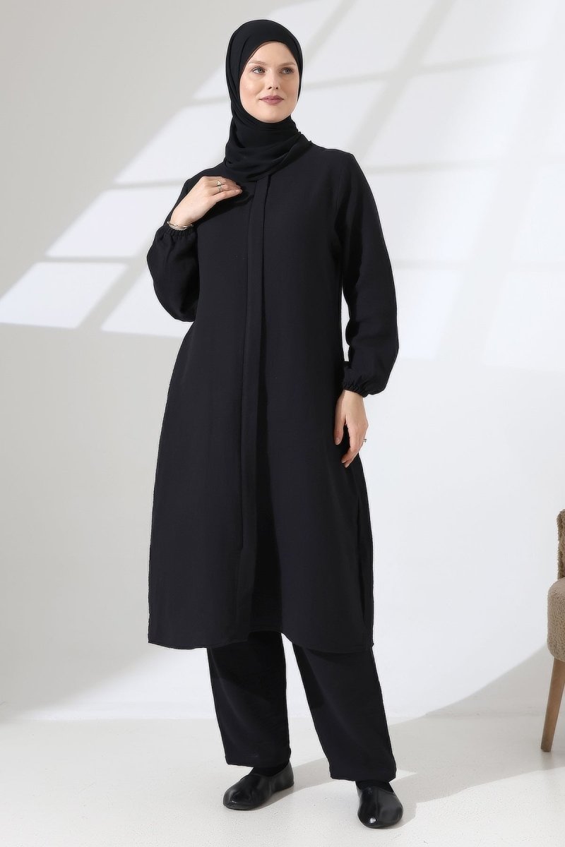 Women's Muslin Zip-Up Hijab Two-Piece Set Cotton Hajj and Umrah Outfit Black (VSN) - ihvan