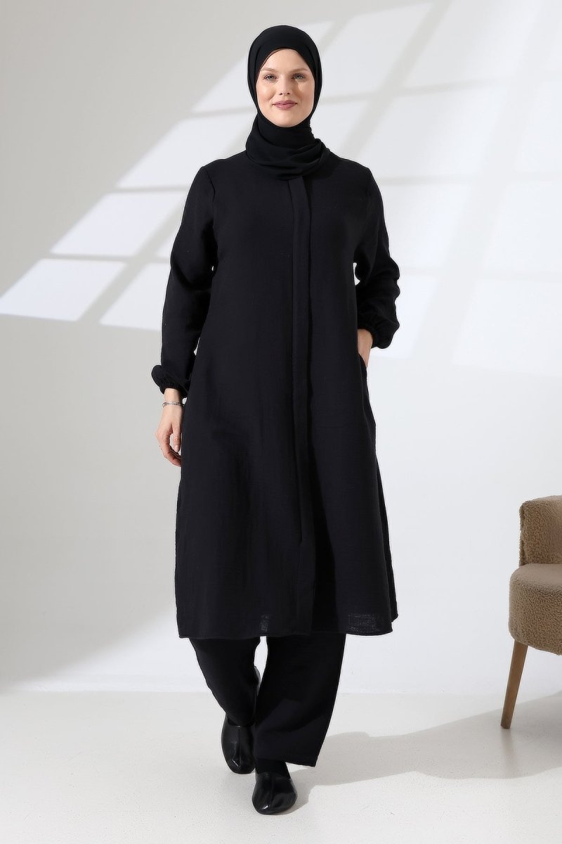 Women's Muslin Zip-Up Hijab Two-Piece Set Cotton Hajj and Umrah Outfit Black (VSN) - ihvan