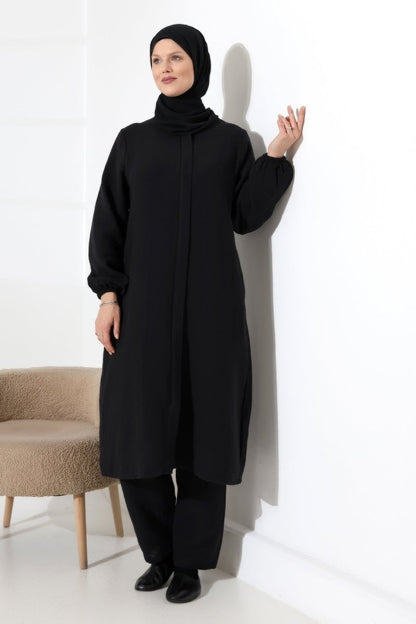 Women's Muslin Zip-Up Hijab Two-Piece Set Cotton Hajj and Umrah Outfit Black (VSN) - ihvan