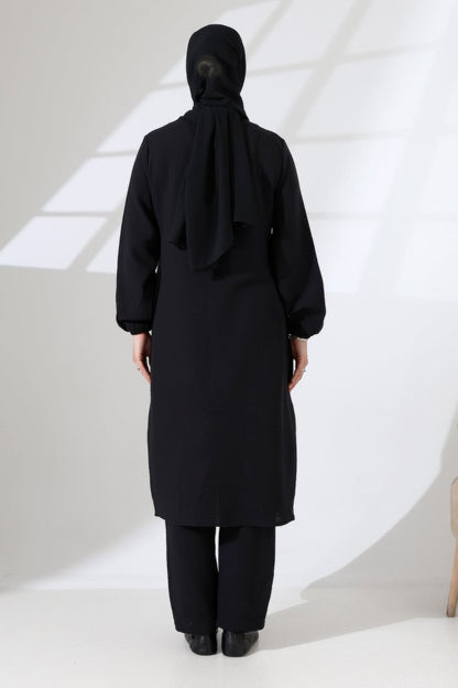Women's Muslin Zip-Up Hijab Two-Piece Set Cotton Hajj and Umrah Outfit Black (VSN) - ihvan