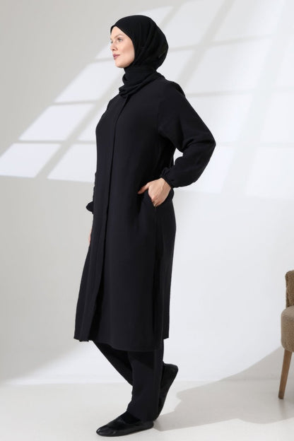 Women's Muslin Zip-Up Hijab Two-Piece Set Cotton Hajj and Umrah Outfit Black (VSN) - ihvan