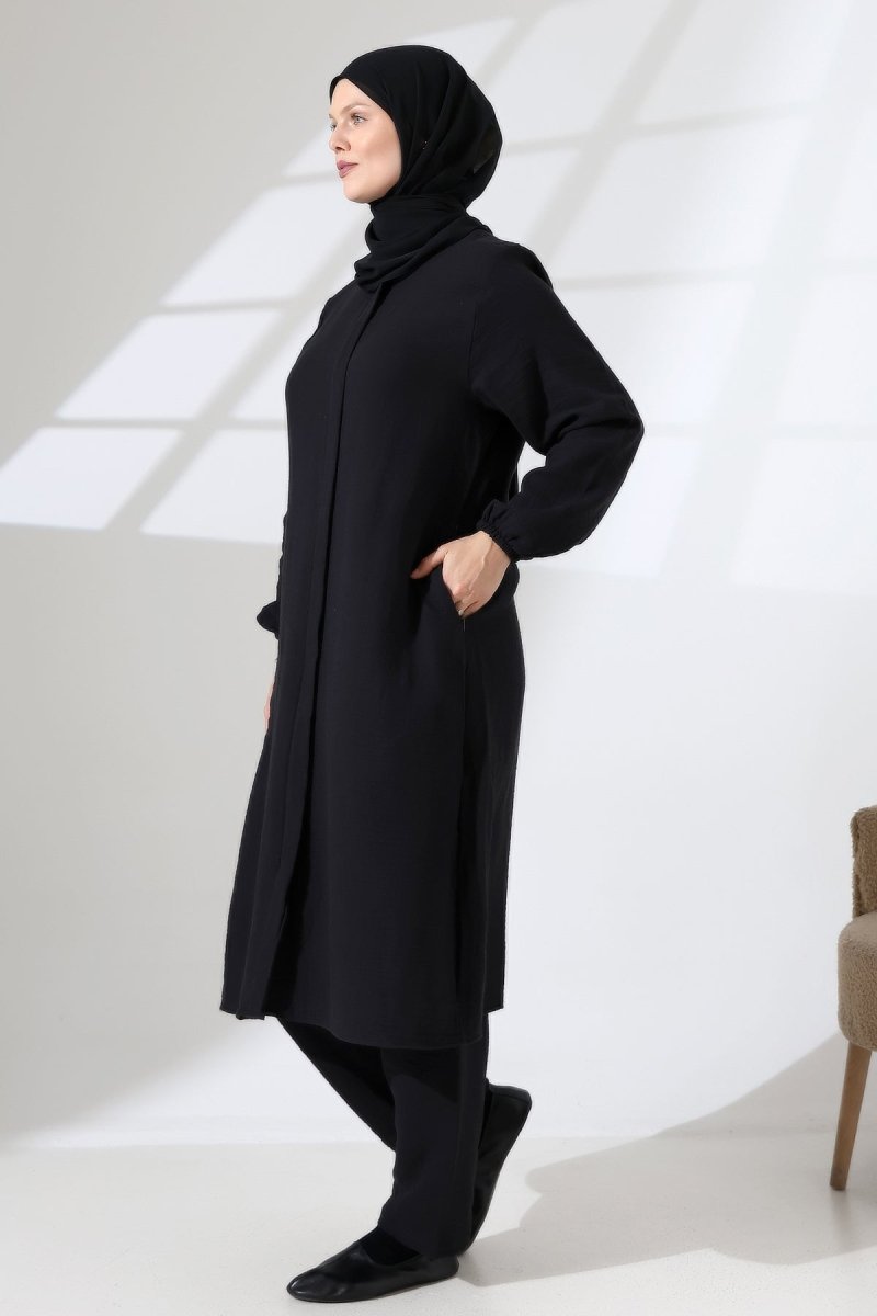 Women's Muslin Zip-Up Hijab Two-Piece Set Cotton Hajj and Umrah Outfit Black (VSN) - ihvan