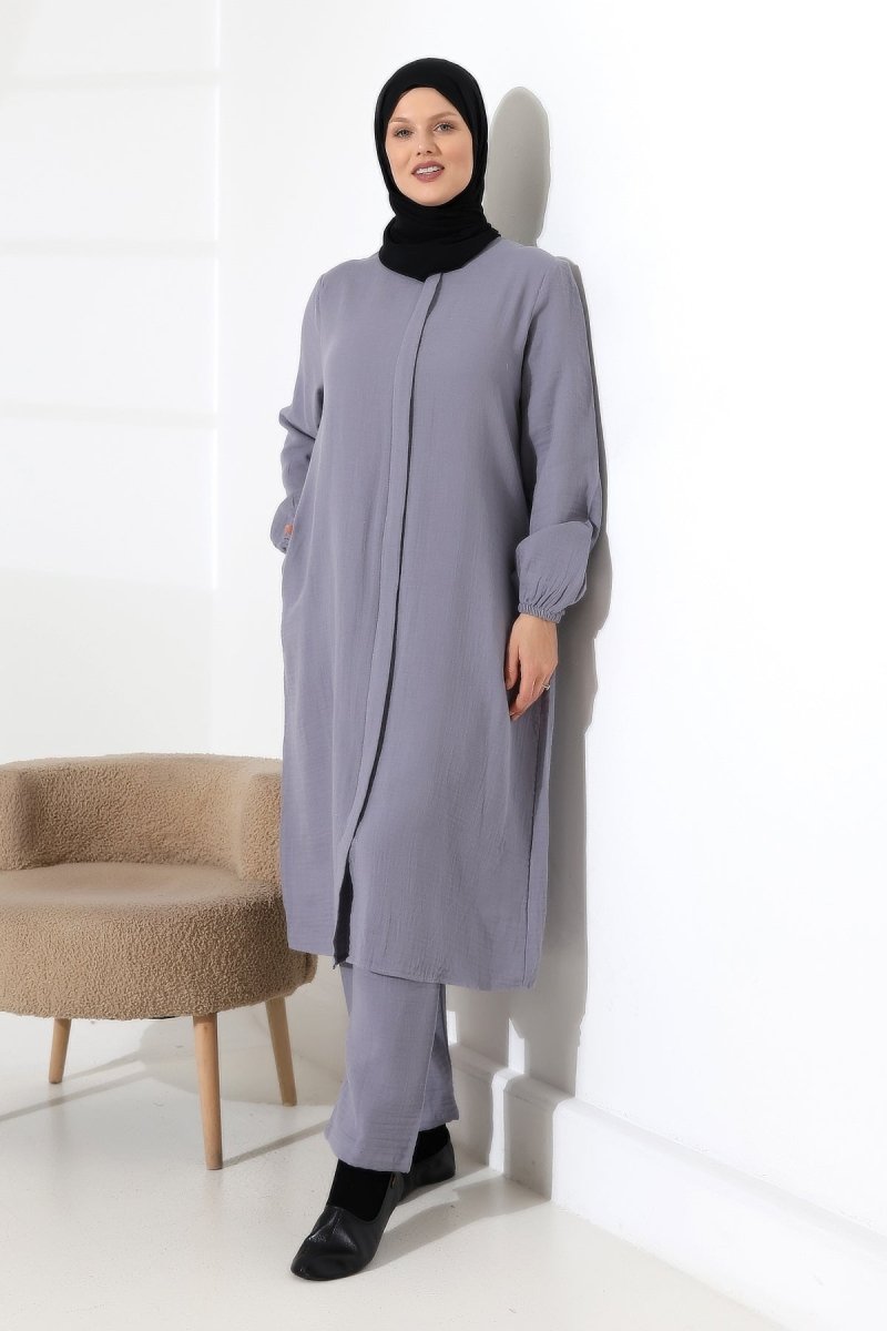 Women's Muslin Zip-Up Hijab Two-Piece Set Cotton Hajj and Umrah Outfit Grey (VSN) - ihvan