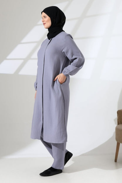 Women's Muslin Zip-Up Hijab Two-Piece Set Cotton Hajj and Umrah Outfit Grey (VSN) - ihvan