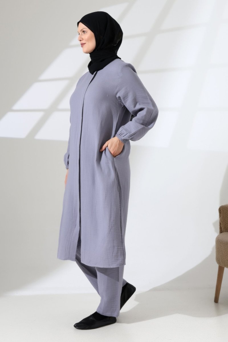 Women's Muslin Zip-Up Hijab Two-Piece Set Cotton Hajj and Umrah Outfit Grey (VSN) - ihvan