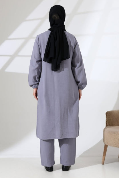 Women's Muslin Zip-Up Hijab Two-Piece Set Cotton Hajj and Umrah Outfit Grey (VSN) - ihvan