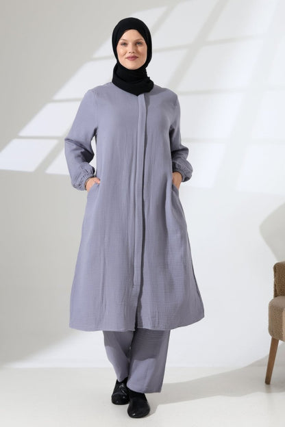 Women's Muslin Zip-Up Hijab Two-Piece Set Cotton Hajj and Umrah Outfit Grey (VSN) - ihvan