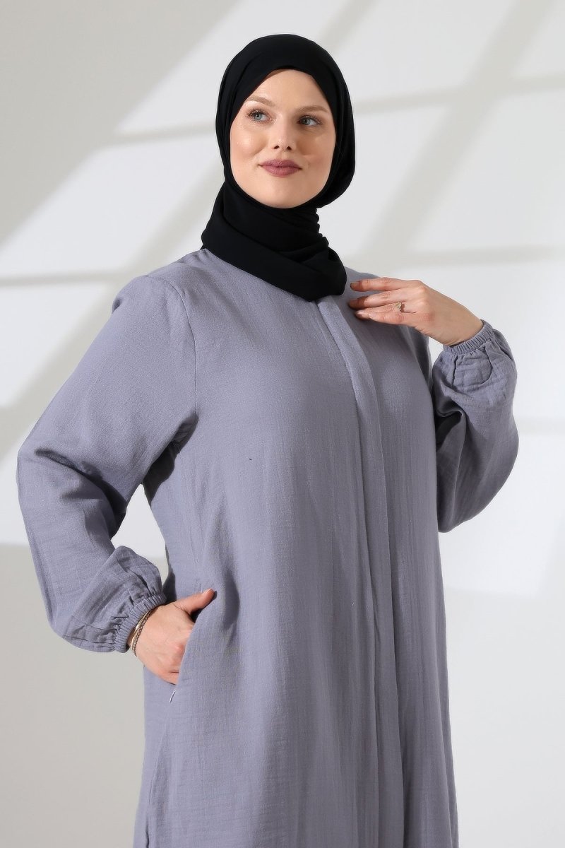 Women's Muslin Zip-Up Hijab Two-Piece Set Cotton Hajj and Umrah Outfit Grey (VSN) - ihvan