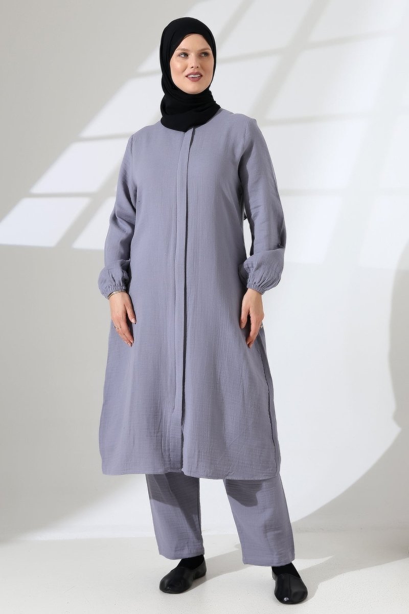 Women's Muslin Zip-Up Hijab Two-Piece Set Cotton Hajj and Umrah Outfit Grey (VSN) - ihvan