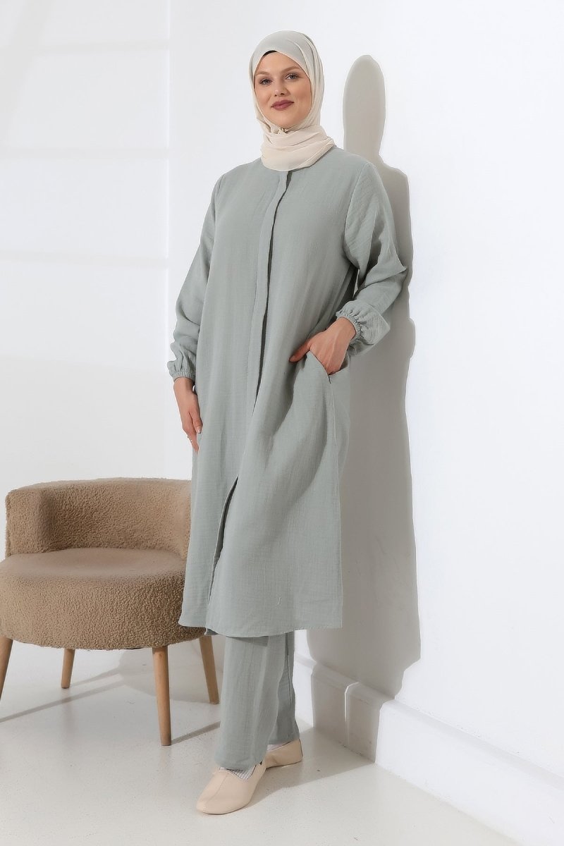 Women's Muslin Zip-Up Hijab Two-Piece Set Cotton Hajj and Umrah Outfit Mint Green (VSN) - ihvan