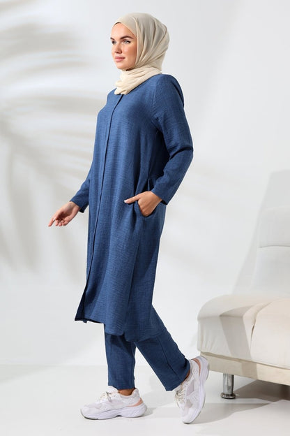 Women's Navy Blue Melange Linen-Look Two-Piece Set with Hidden Zipper for Hajj and Umrah (Pilgrimage) - ihvan