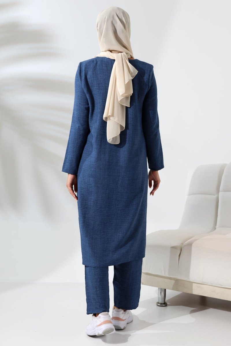 Women's Navy Blue Melange Linen-Look Two-Piece Set with Hidden Zipper for Hajj and Umrah (Pilgrimage) - ihvan