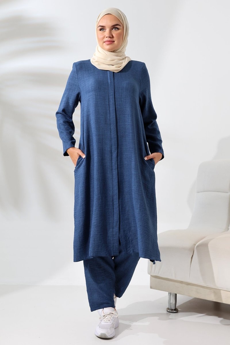 Women's Navy Blue Melange Linen-Look Two-Piece Set with Hidden Zipper for Hajj and Umrah (Pilgrimage) - ihvan