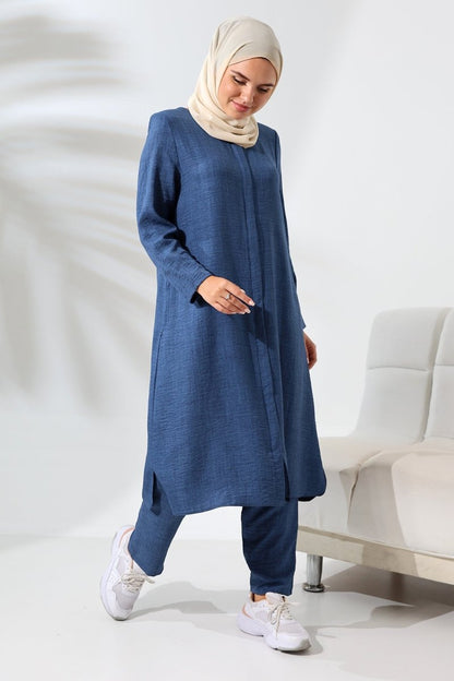 Women's Navy Blue Melange Linen-Look Two-Piece Set with Hidden Zipper for Hajj and Umrah (Pilgrimage) - ihvan